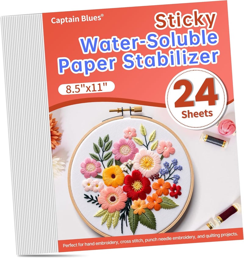 Captain Blues 24PCS 8.5"x11" Sticky Water Soluble Stabilizer for Embroidery - Medium Weight Wash Away Embroidery Stabilizer, Printable & Draw-Ready Patterns for Hand & Machine Embroidery - Image 1